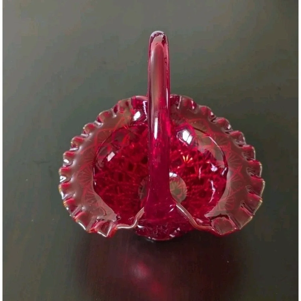 Vintage FENTON AMBERINA‎ RED RUFFLED DIAMOND BASKET